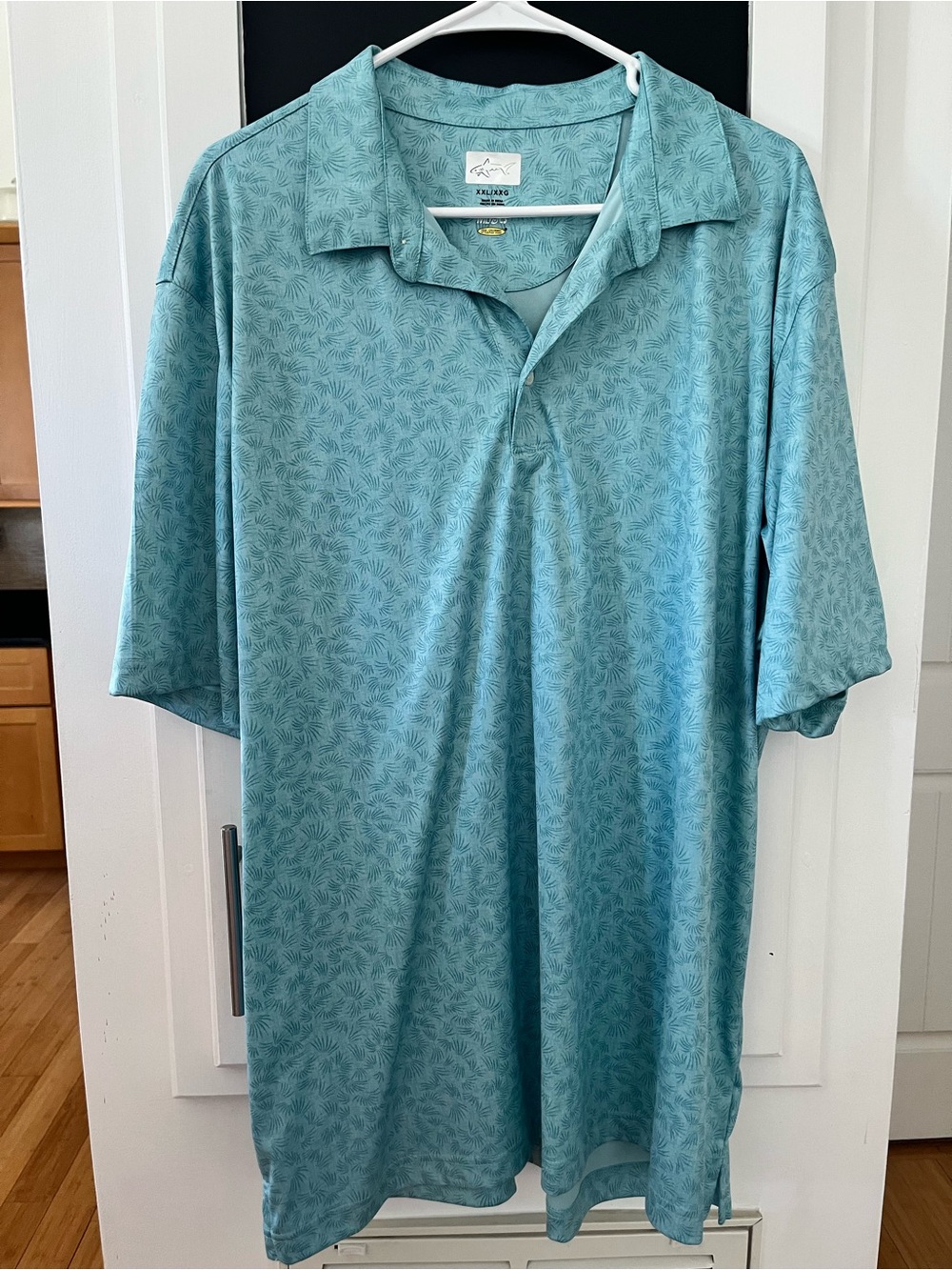 Greg Norman Collection Teal Short-Sleeve Polo with Subtle Leaf Print